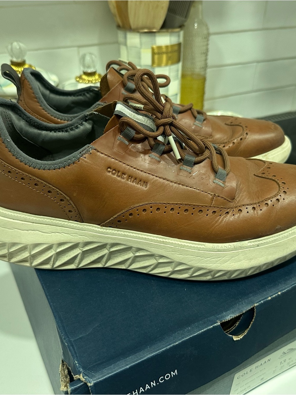 Cole Haan Brown Leather Wingtip Derby Sneaker with White Sole